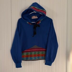 Bolivian Blue Hooded Light Sweater with Multicolor Accents